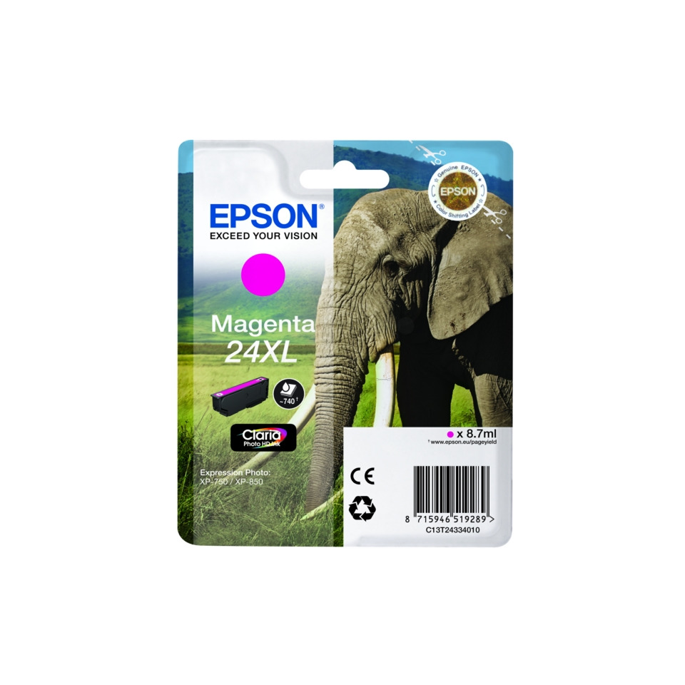Tintenpatrone, Magenta, 24XL, Epson, Kleinverpackung, Magenta-Tinte, Tintenpatrone, XL-Größe, Elefanteneindruck, Kundenetikett