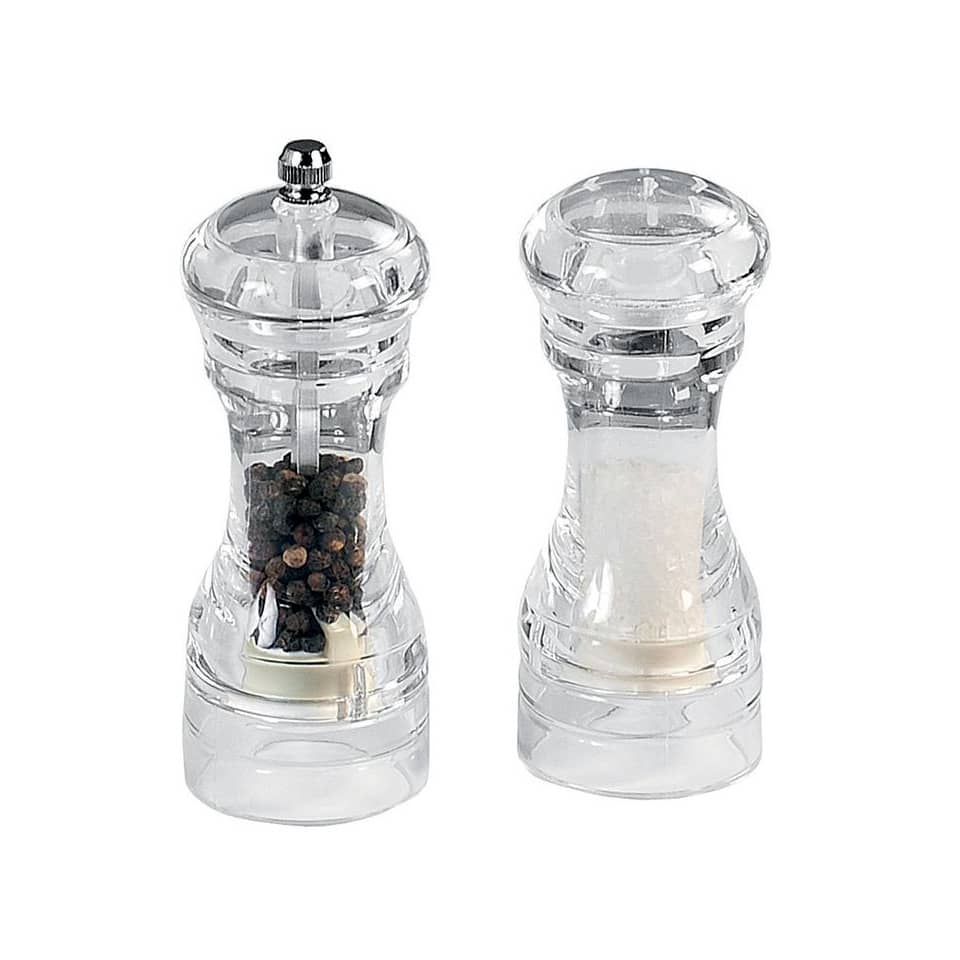 Salz- und Pfefferstreuer, Kreuzedeckel, Glas, Gewürzmühle?, Klarer Kunststoff/Glas