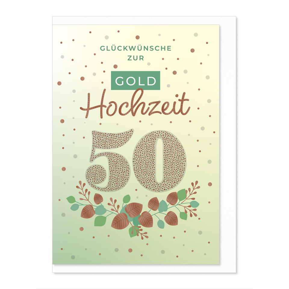 Hochzeit, 50, Gold, Gratulation, Grün, Blumen, Konfetti