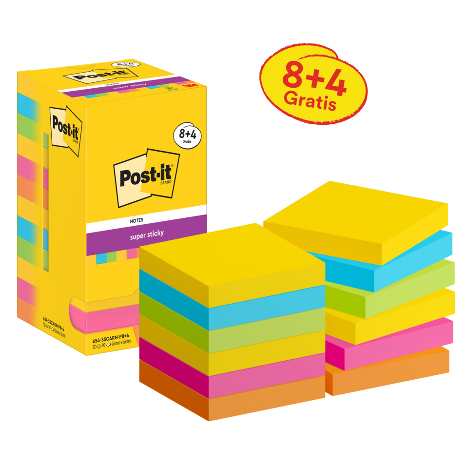 Post-it Notizen, Klebezettel, Notizblock, Bunt, 8+4 Gratis