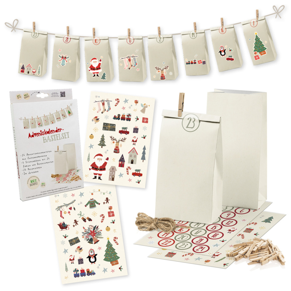 Adventskalender, Weihnachtskalender, Stickerbogen, Geschenkverpackung, Klebezettel