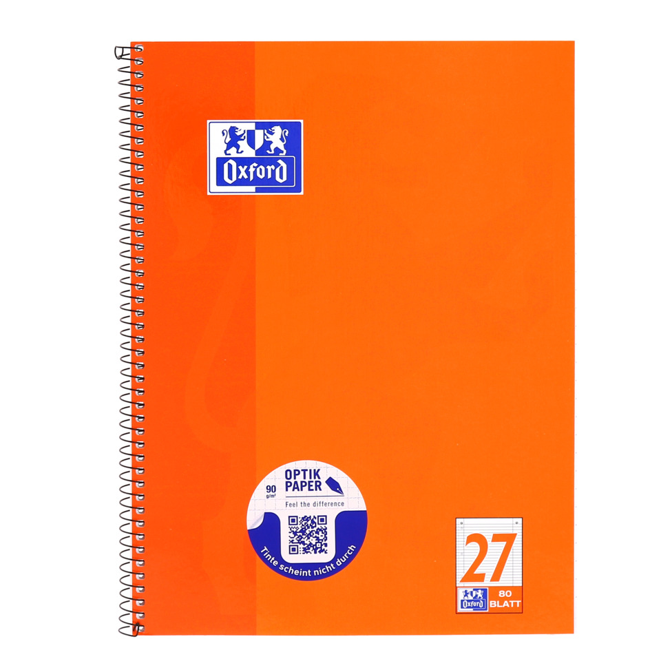 Notebook, Spiralbindung, Orange, Oxford, Optik-Paper, Notizbuch, Spiralbindung, Orangene Umschlag, Oxford, Linienlayout