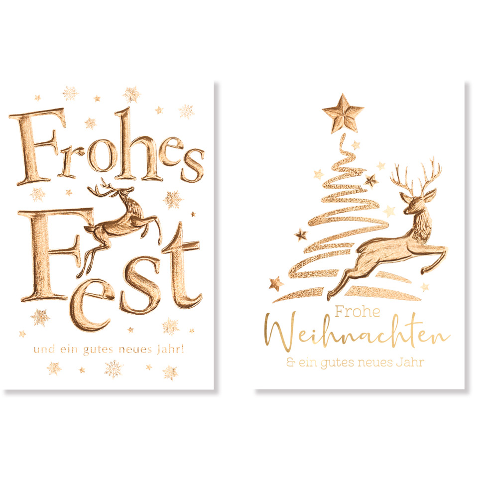 weihnachtskarte, weihnachten, deko, rehe, elch, goldene farben