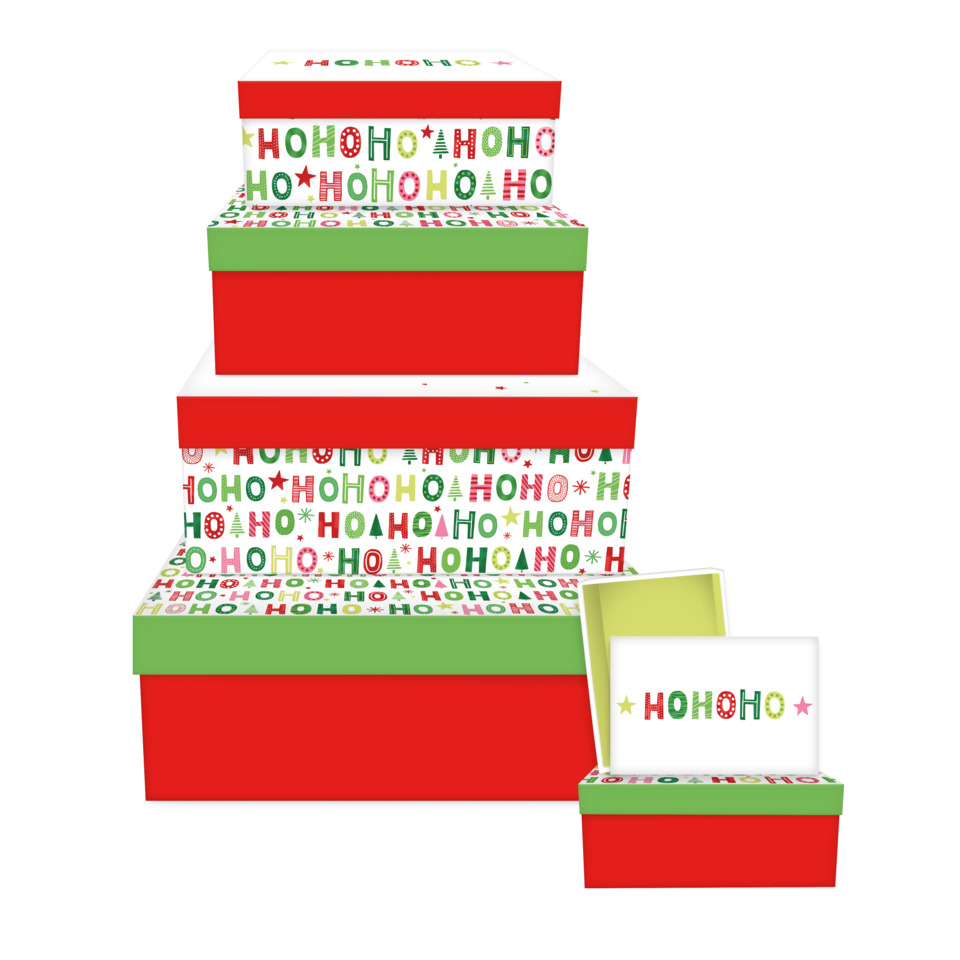 Geschenkboxen, Weihnachten, rote Boxen, grüne Deckel, Weihnachtsdesign