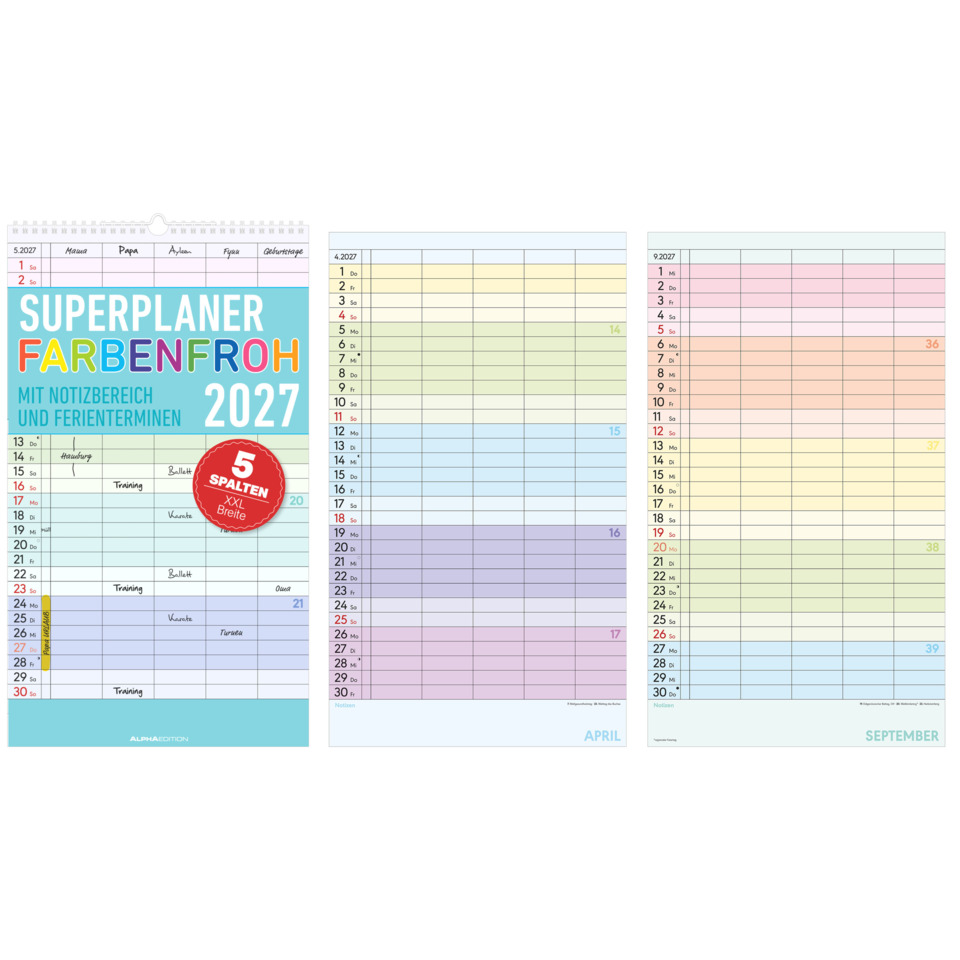 Kalender, 2027, Spalten 5, Farbenfroh, Notizbereich