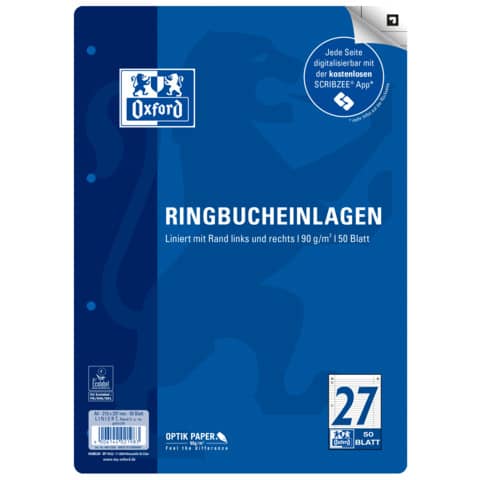 Ringbucheinlage, A4, 90g/m², 50 Blatt, Lin.27, liniert, dunkelblau OXFORD 400131582