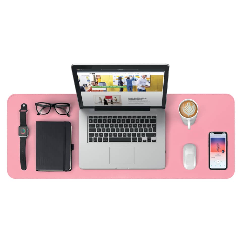 Laptop, Desk setup, Pink desk, Smartwatch, Glasses