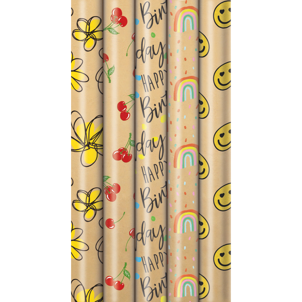 papercraft, decorative wrapping, fun patterns, colorful rolls, smiley design