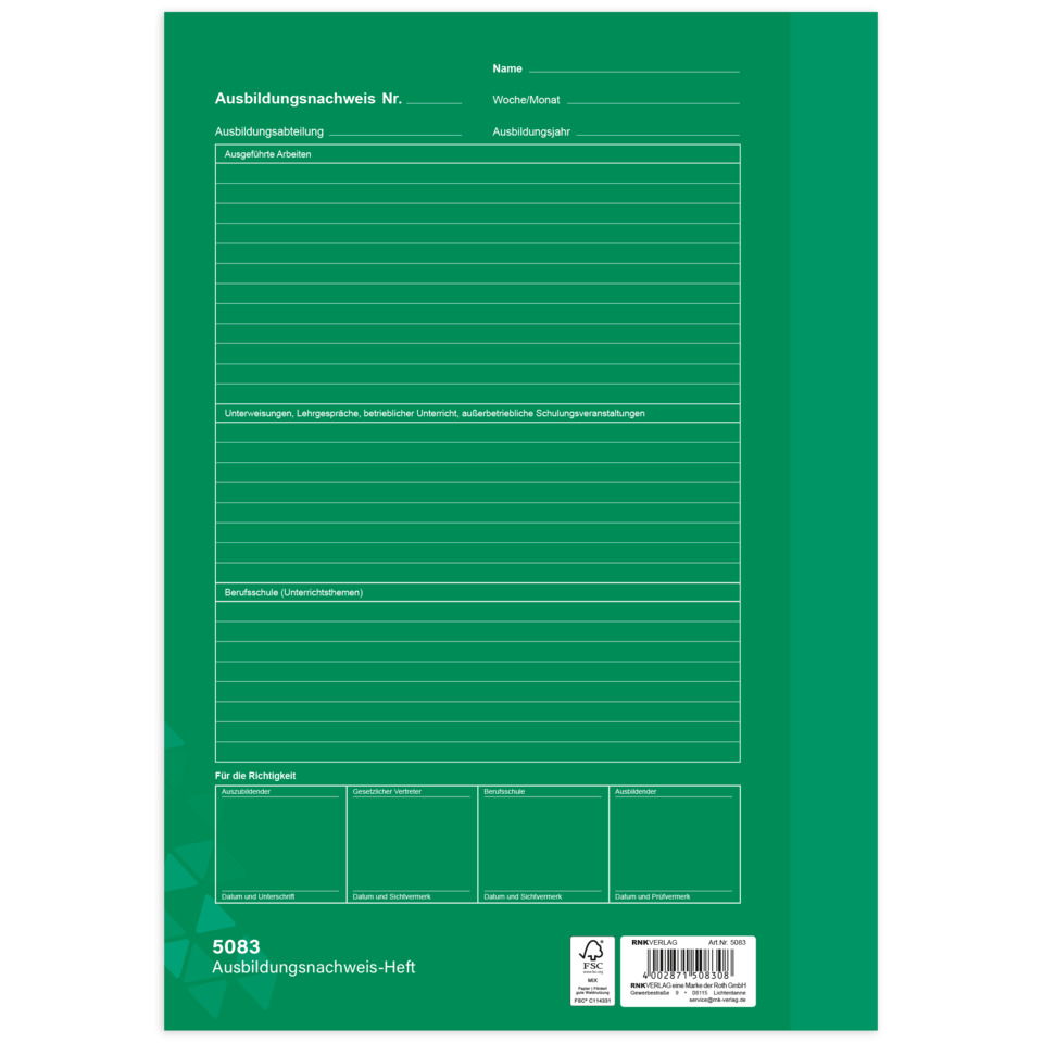 Ausbildungsnachweis, Heft, Grün, Registerkarte, Linierte Seiten