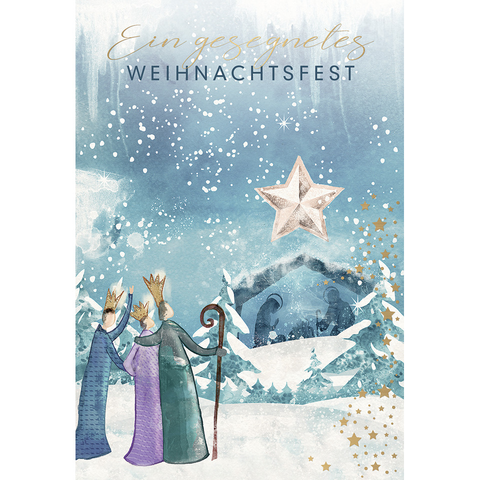 Weihnachtskarte, Winterlandschaft, Stern, Krippenfiguren, Schnee