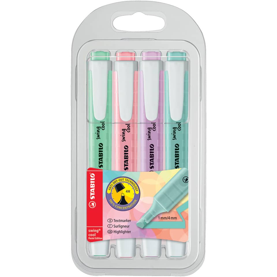 Pastell-Highlighter, 4er-Set, Textmarker, Trockenhalte-Technologie, Plastikgehäuse