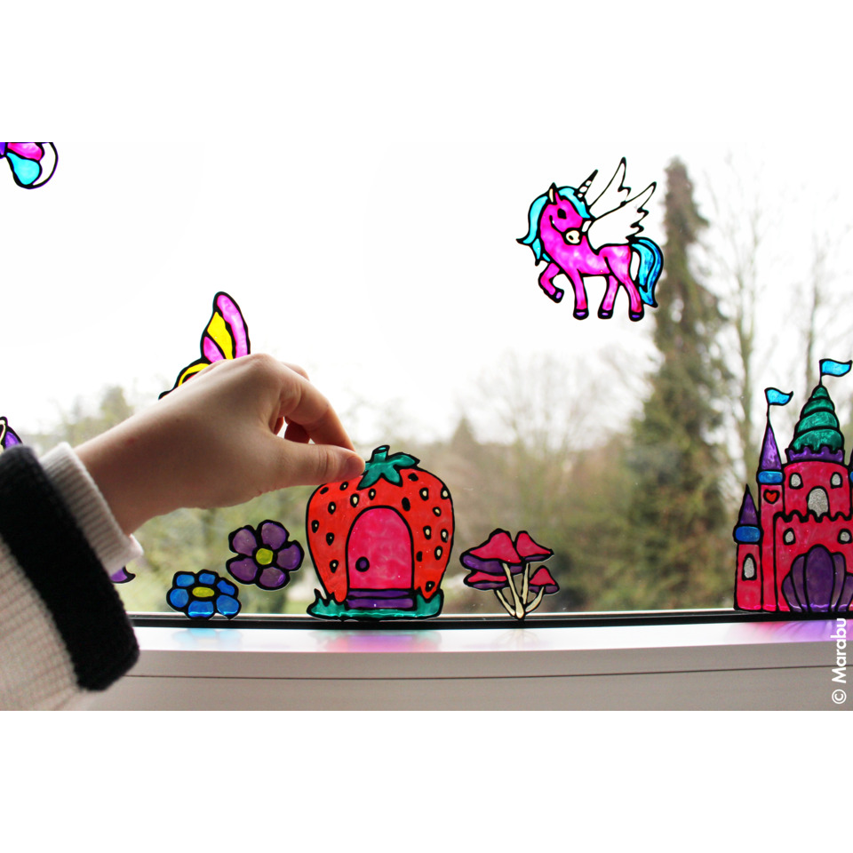 Kinderfensterbild, Tafelaufkleber, Aufkleber Fenster, Frucht Haus, Einhorn Dekoration