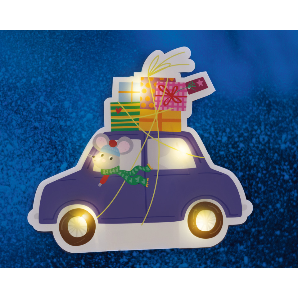 Weihnachtskarte, Auto, Geschenke, Maus/ Ratte, Dachladen Geschenke