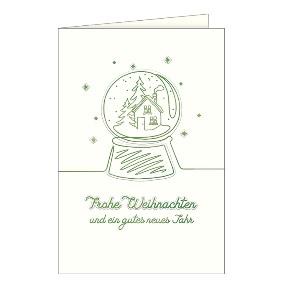 Weihnachtskarte, Schneekugel, Haus, Winter, Grün