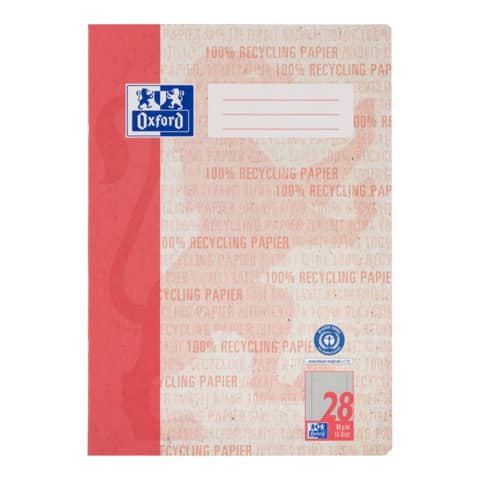 Heft Recycling, A4, 90g/m², 16 Blatt, Lin.28, kariert mit Doppelrand, rot OXFORD 400159483