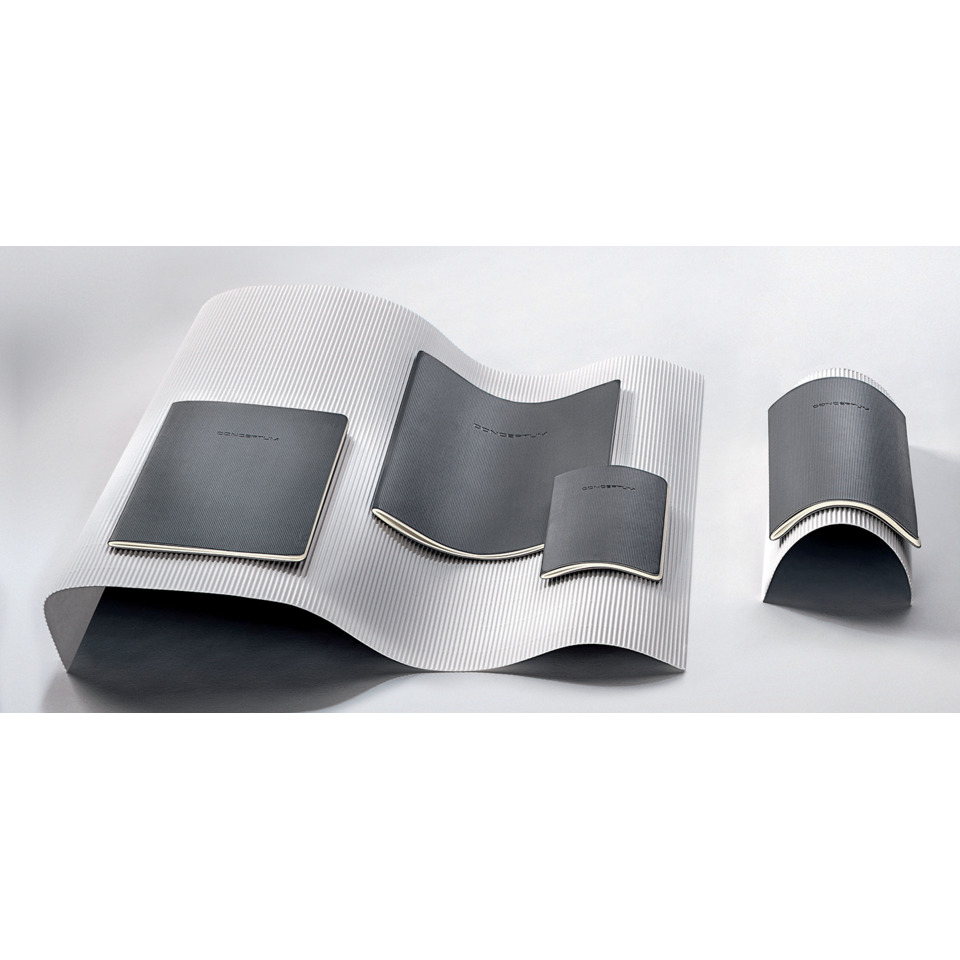 Notizbuch, gewellte Matte, schwarzer Einband, Kartenhalter, gefaltetes Blatt, notebook, tablet, curved binder, wireless, grey