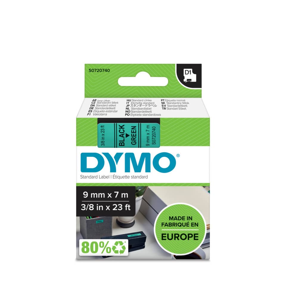 etiquette standard, DYMO label, 3/8 in x 23 ft, 90% recycled, Made in Europe