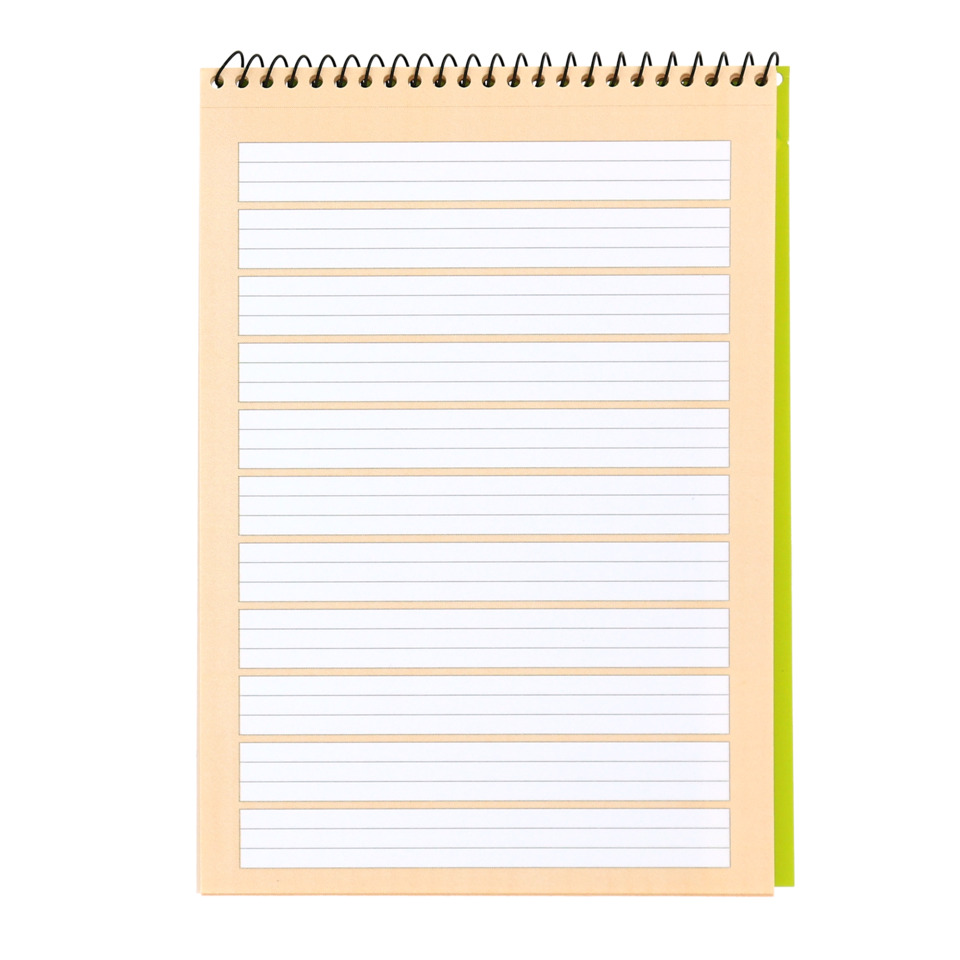 notebook, spiral bound, lined paper, orange cover, stacked sheets