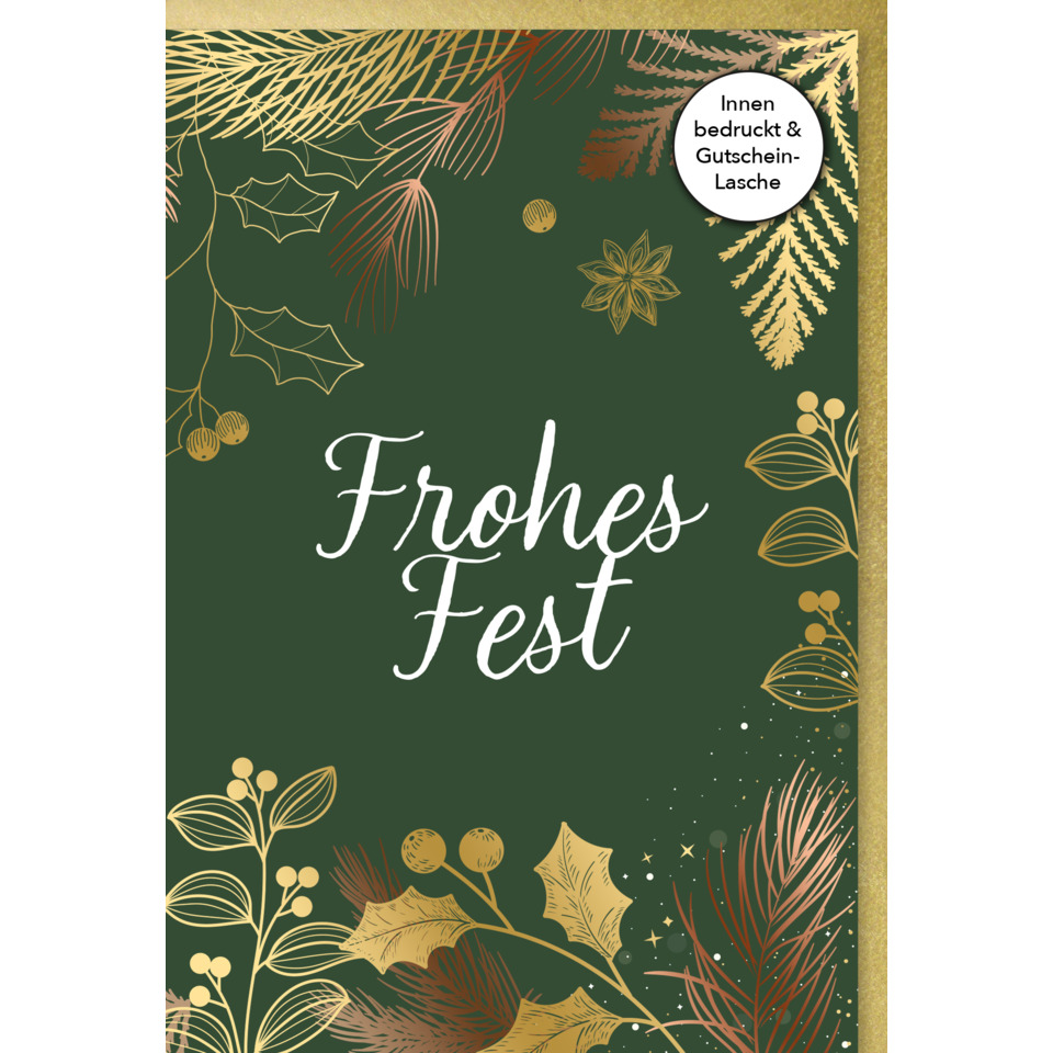 Weihnachtskarte, Gutscheinlasche, dunkelgrün, goldenes Pflanzenmotiv, Frohes Fest