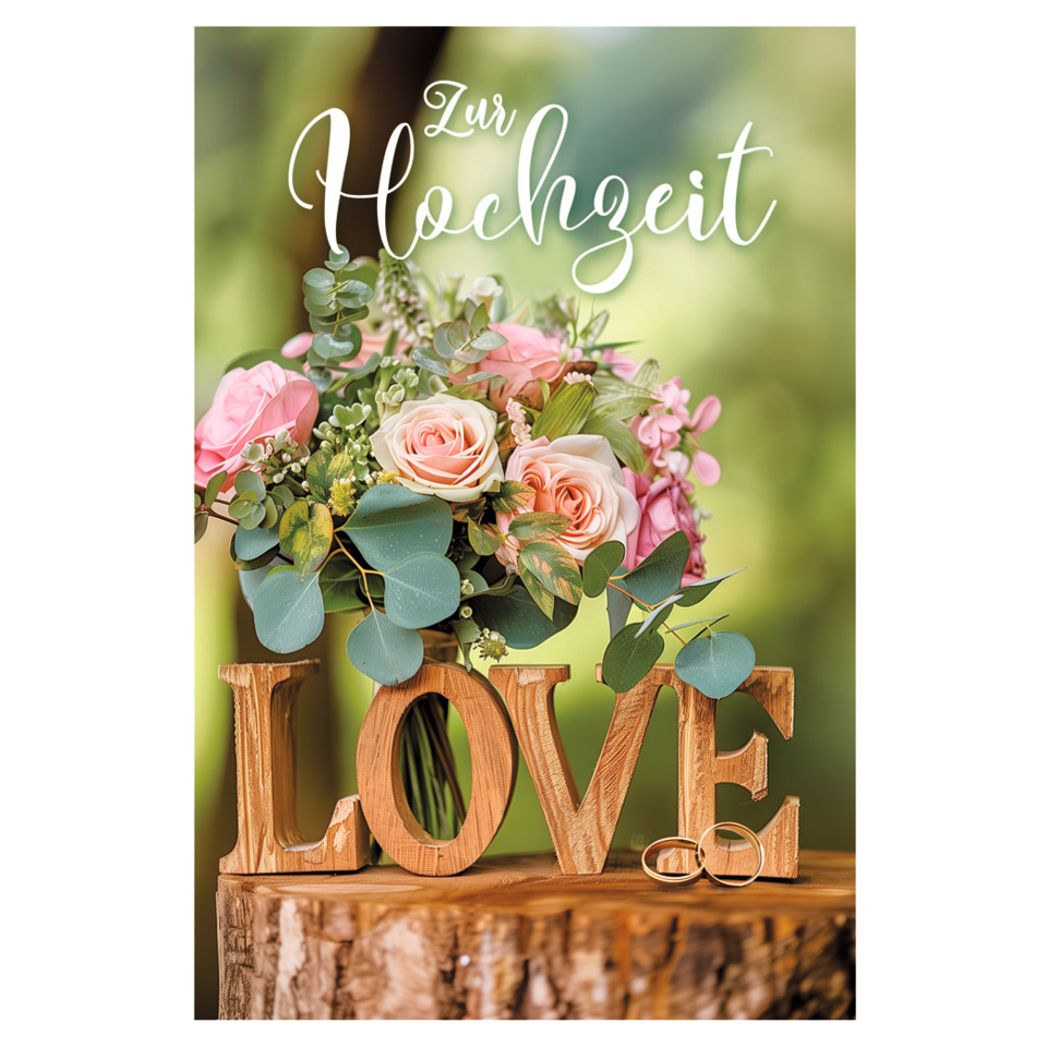 Blumenstrauß, Herzform, Holzbuchstaben, Ringe, Wedding
