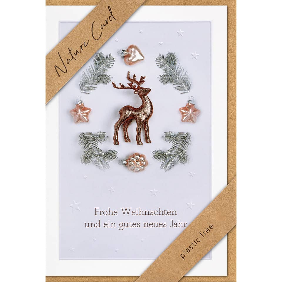 Weihnachtskarte, Rehfigur, Glitzer, Naturdekoration, Karte