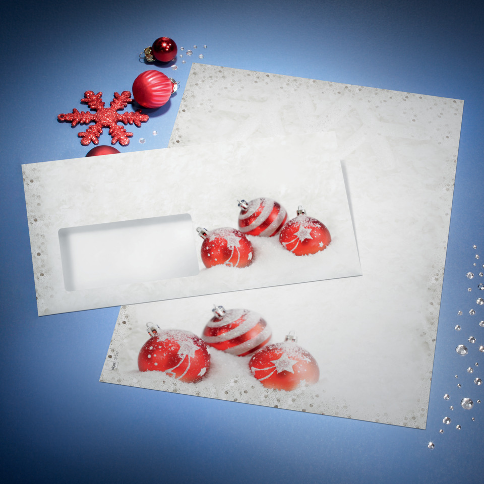 Weihnachtskugeln, Rot, Ornamente, Schnee, Karten-/Fotowrapping