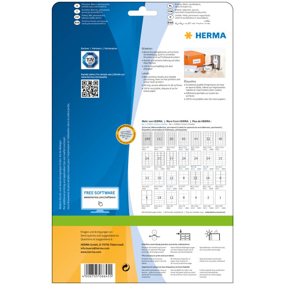 Etiketten, Druck-Box, Herma-Verpackung, Kartenlayout, Verpackungsmaterial