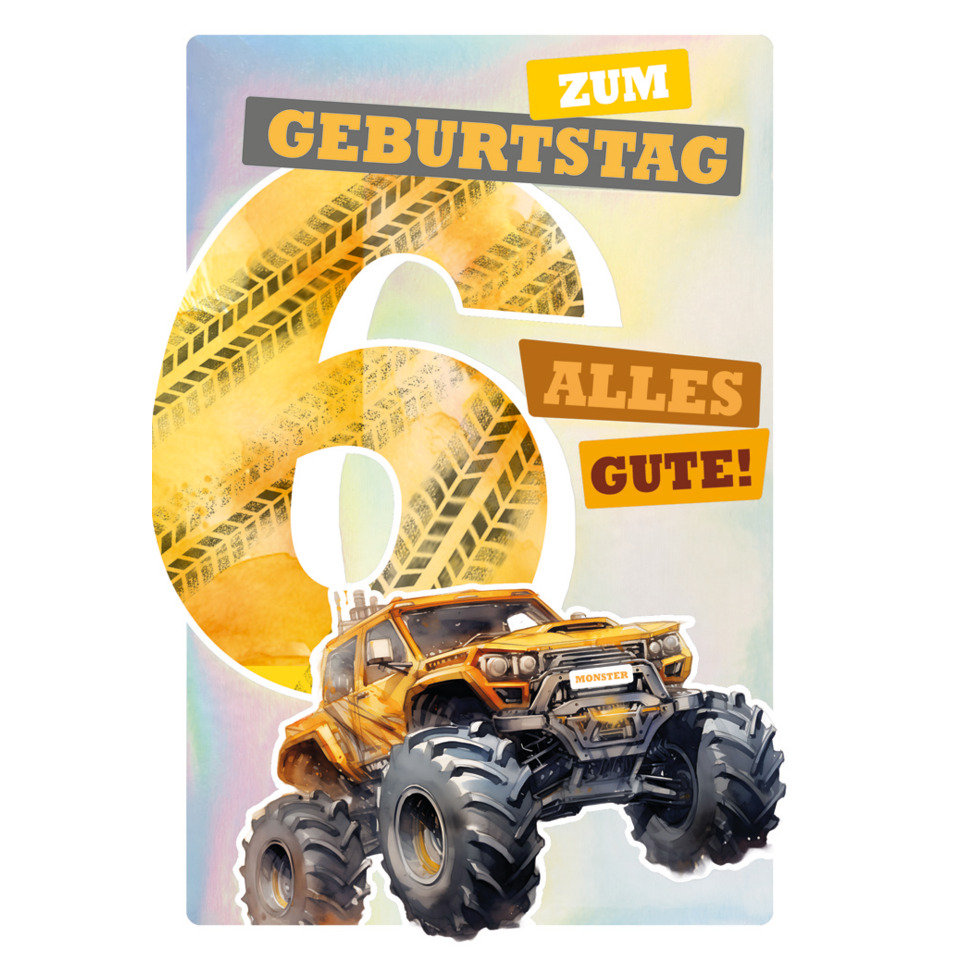 Geburtstagskarte, Monstertruck, Gelb, Reifenmotiv, 6 Alles Gute
