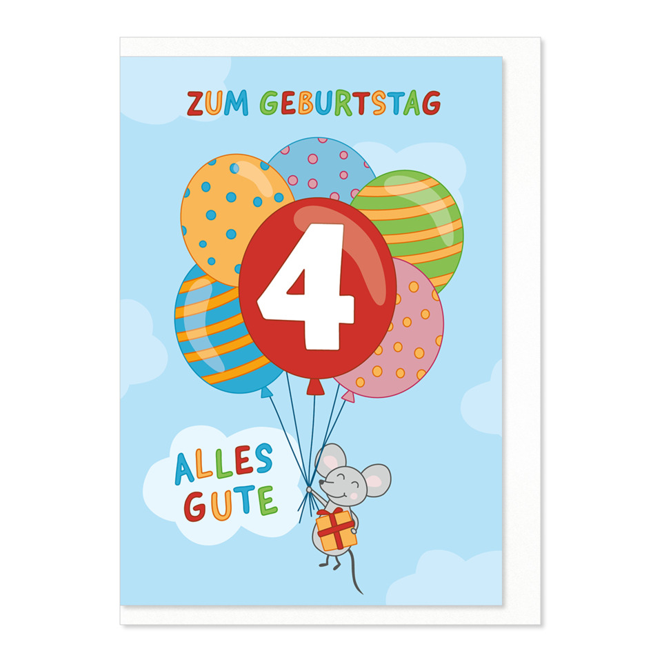 Geburtstag Karte, Ballons, 4 Zahl, Maus mit Geschenk, Alles Gute