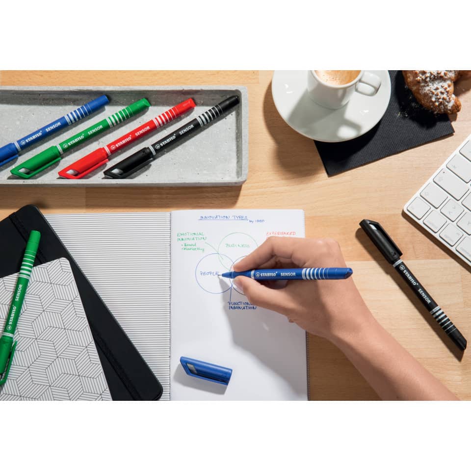 Markerstifte, Farbmarkern, Schreibtisch-Setup, Notizbuch, Hand mit Stift