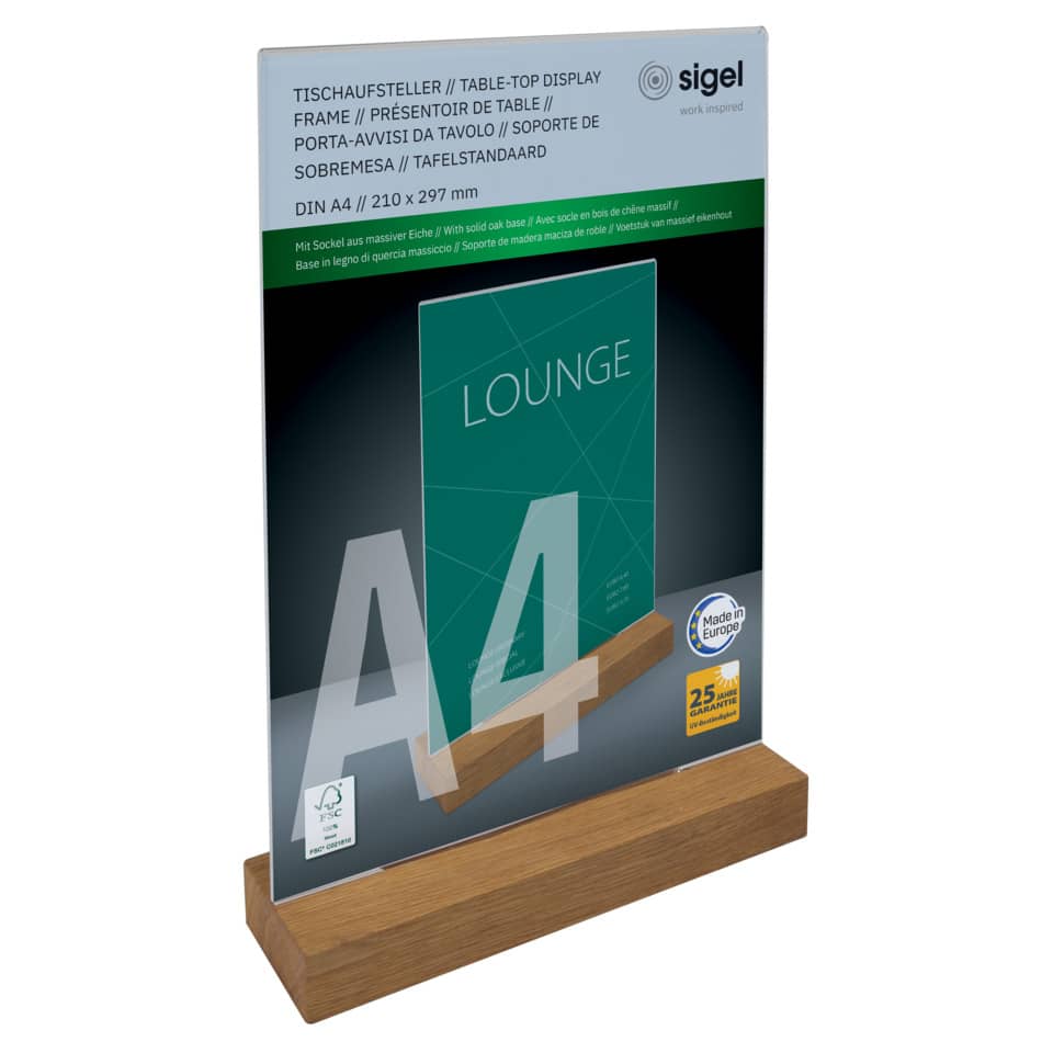 Tischaufsatz, Display, Holzbasiss, A4, Lounge-Panel