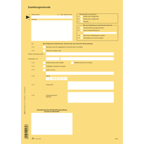 Zustellungsurkunde, 2 Seiten, DIN A4, 80g/m² RNK 2046