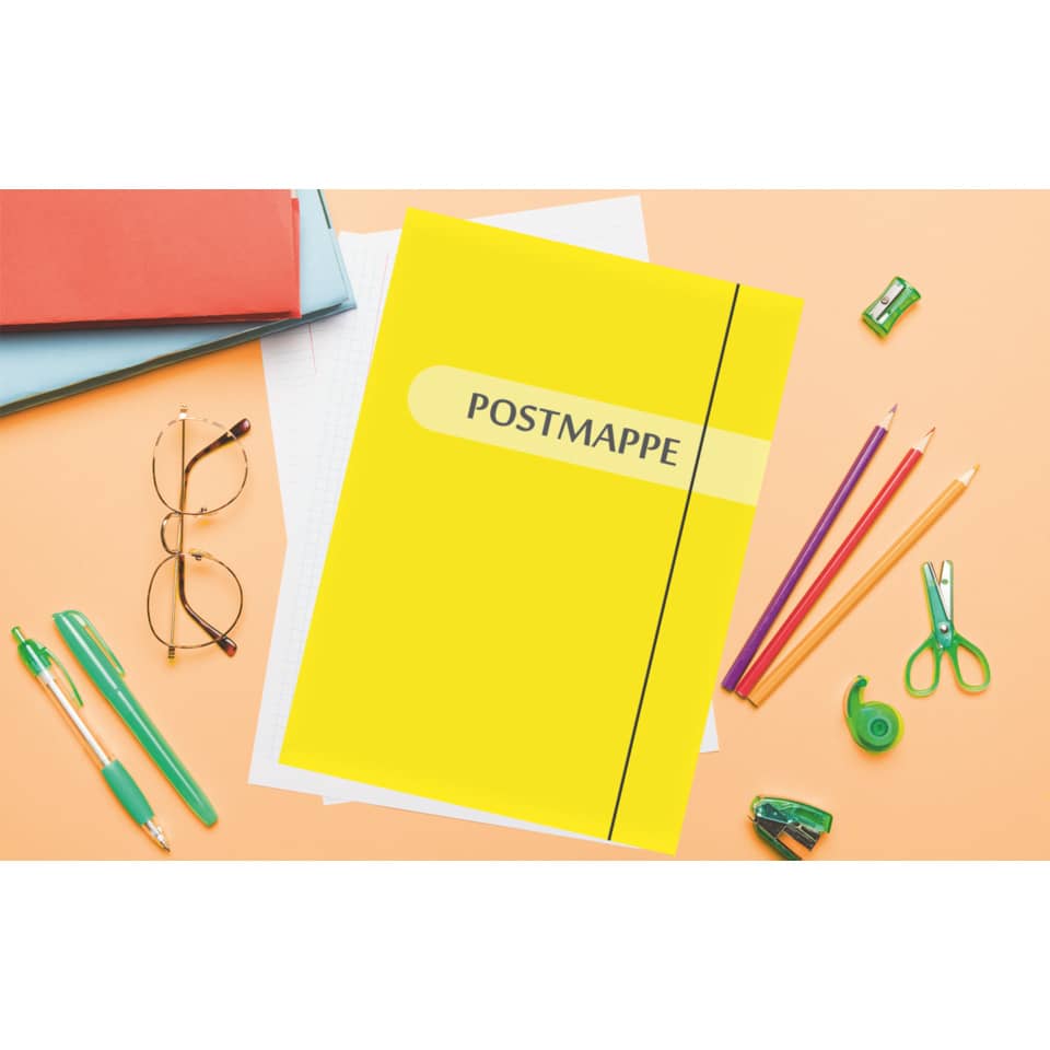 Postmappe, Notizheft, Papier, Schere, Brille