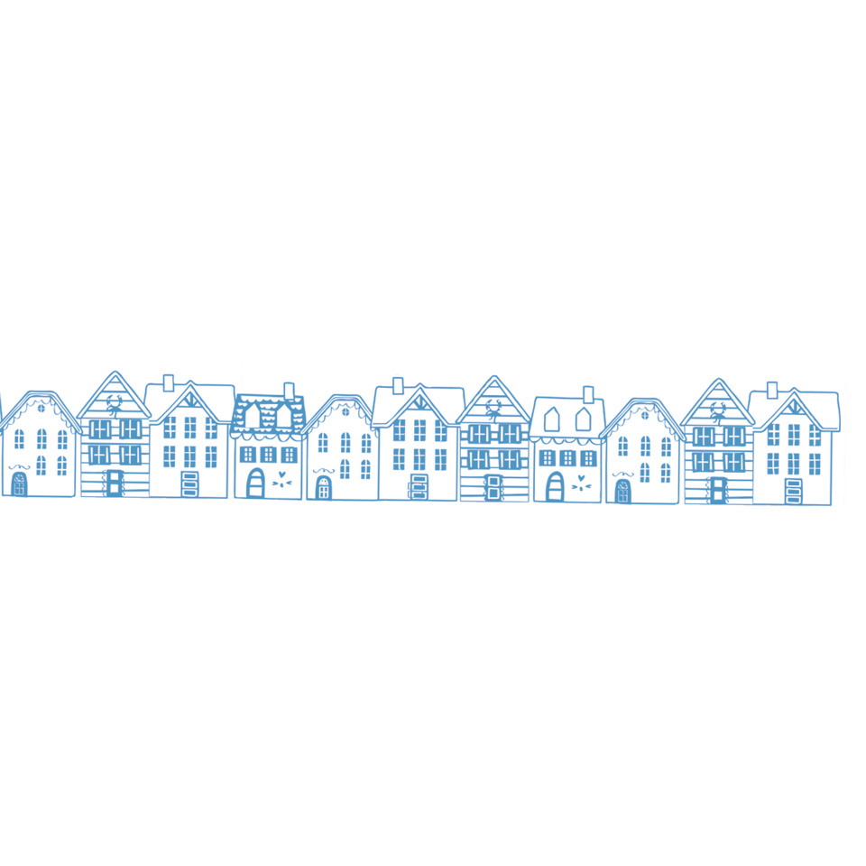 Hausmuster, Häuserreihe, blaue Illustration, Linienz drawing, Dekorrand