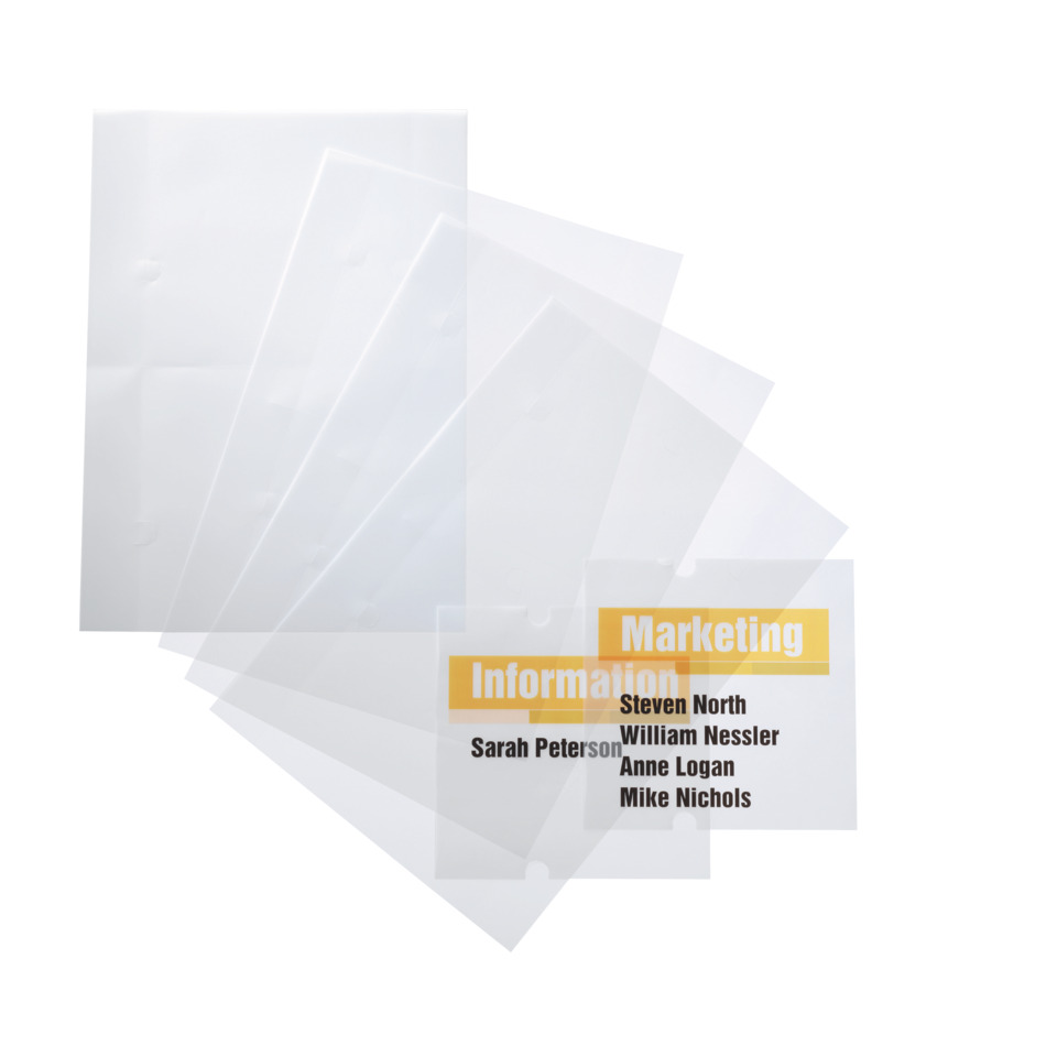 -plastic sleeve, transparente Blätter, Klebehüllen, Marketing Broschüre, Titel Text