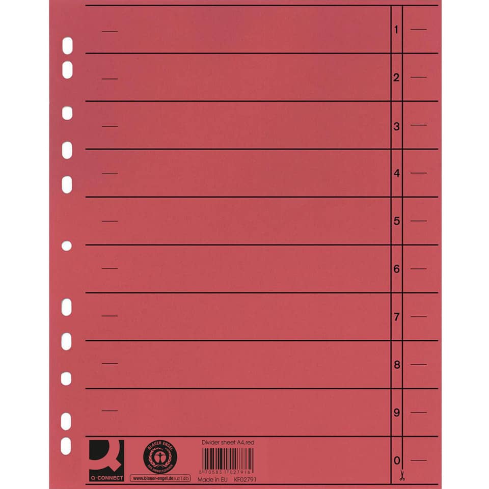 rot Trennblatt, A4 Trennblatt, Linien, Lochgung, Barcode Etikett