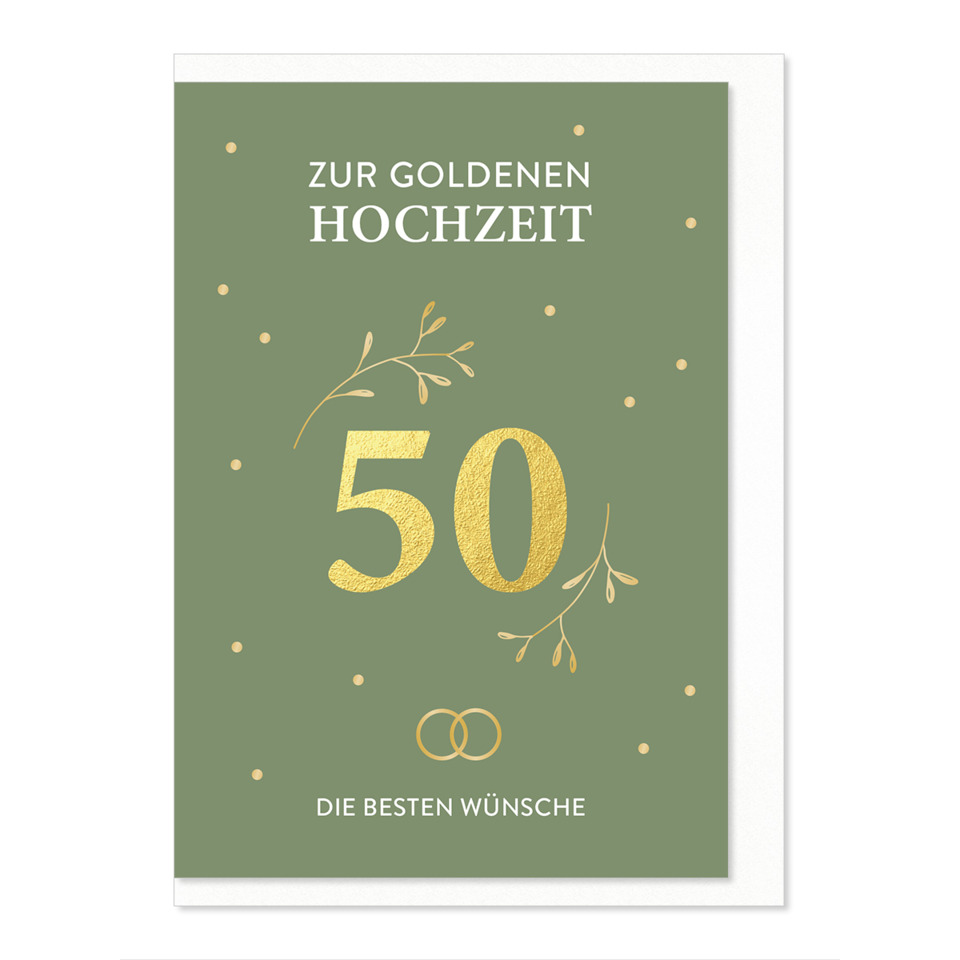 Hochzeit Karte, 50 Jahre, Gold, Grün, Ringe
