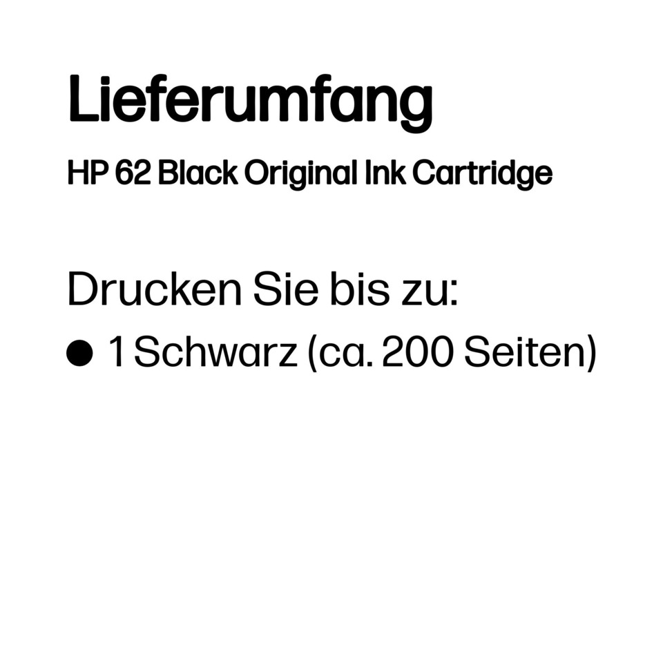 Druckertinte, Tintenpatrone, HP 62, Schwarz, Originaltinte