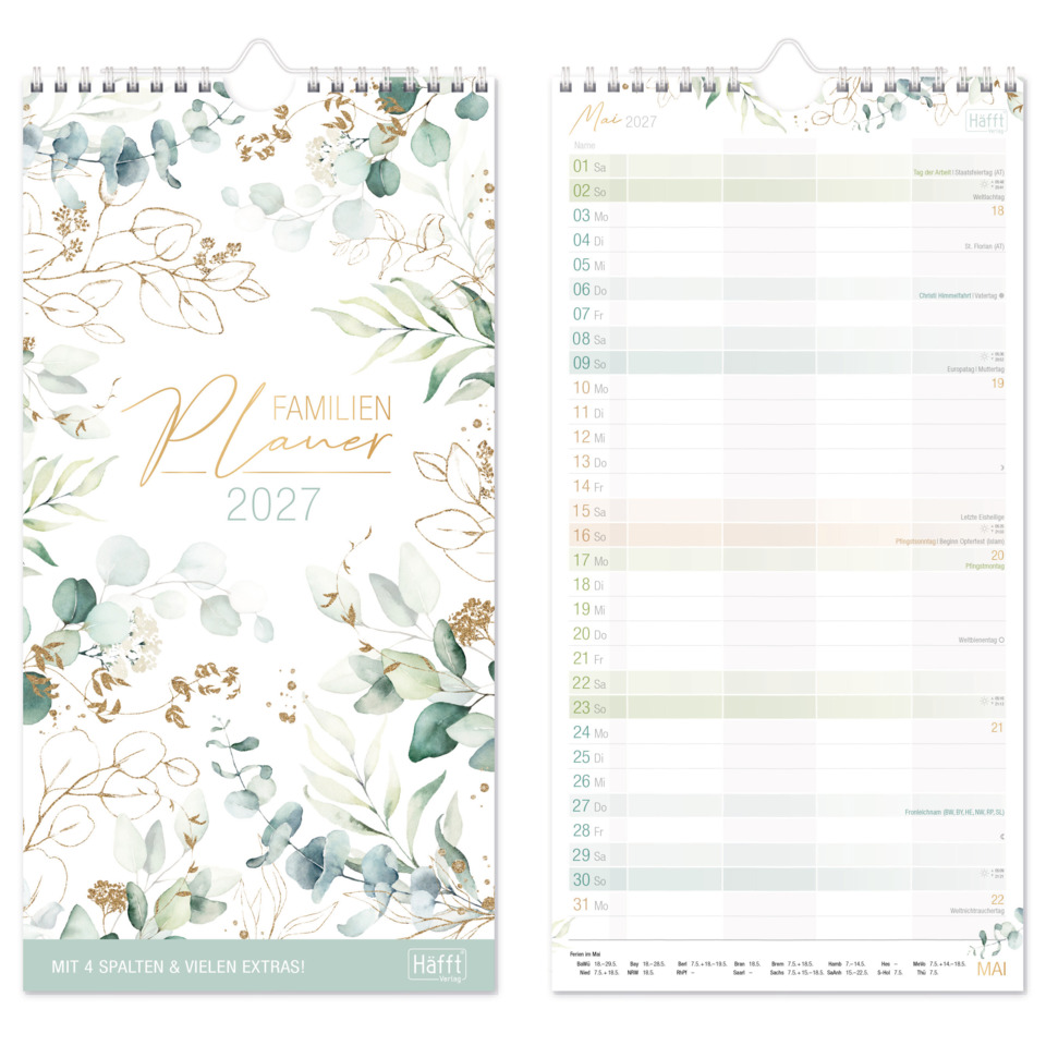 Kalender, Monatskalender, Blätter-Layout, Eukalyptus-Design, Frühjahrsdesign