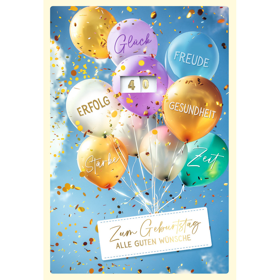 Geburtstagskarte, 40. Geburtstag, Luftballons, Konfetti, Glückwünsche
