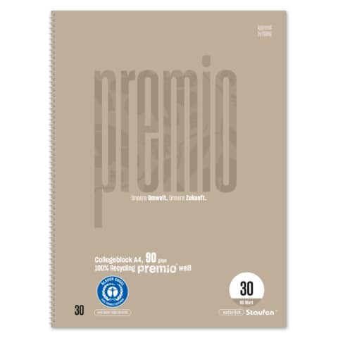Collegeblock Premio, A4, 90g/m², 80 Blatt, Lin.30, blanko STAUFEN PREMIO 040835030