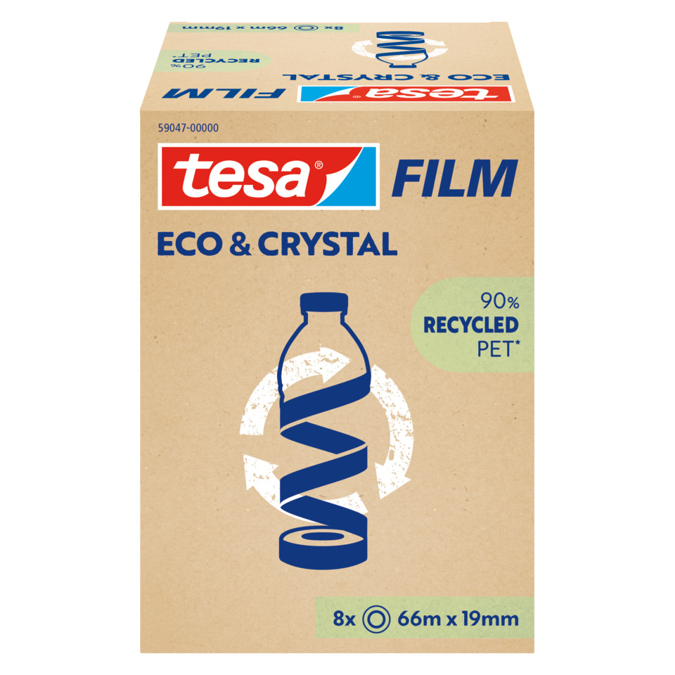 Kartonverpackung, Tesa Film, Eco & Crystal, 90% recyceltes PET, Befestigungsband