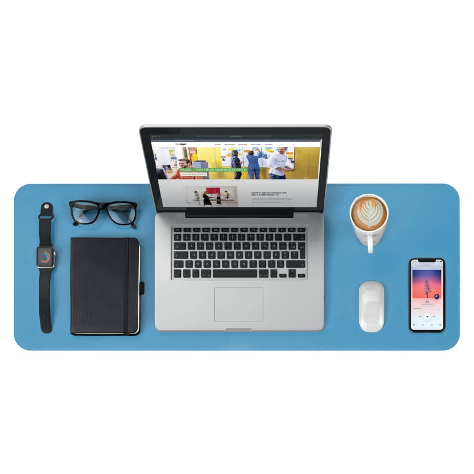 laptop, workspace, desk setup, bluish mat, tech accessories