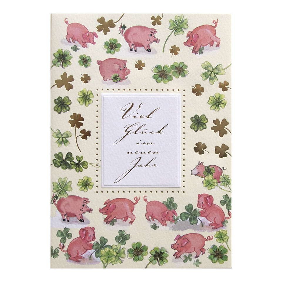 Grußkarte, Schweine, Kleeblätter, Neujahr, Musterkarte