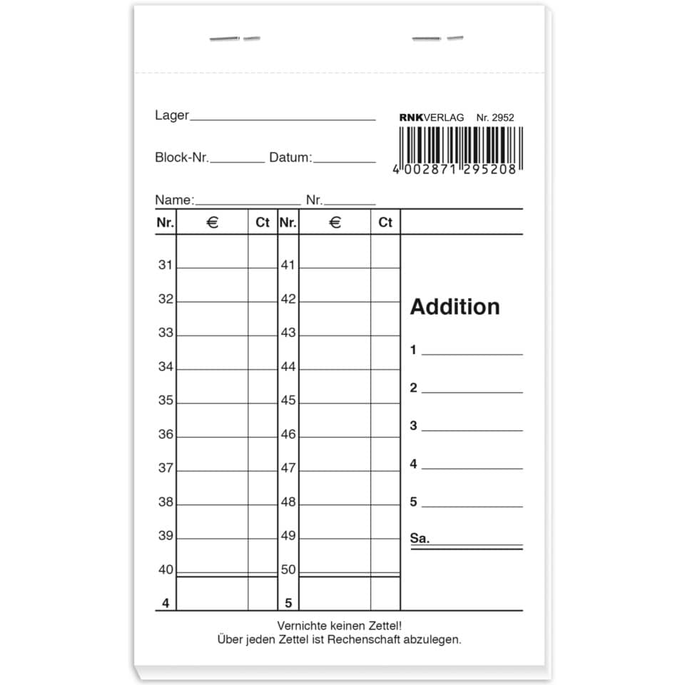 Additionsschein, Kassenbon, Rechnungsvordruck, Tabelle, Barcodescanner
