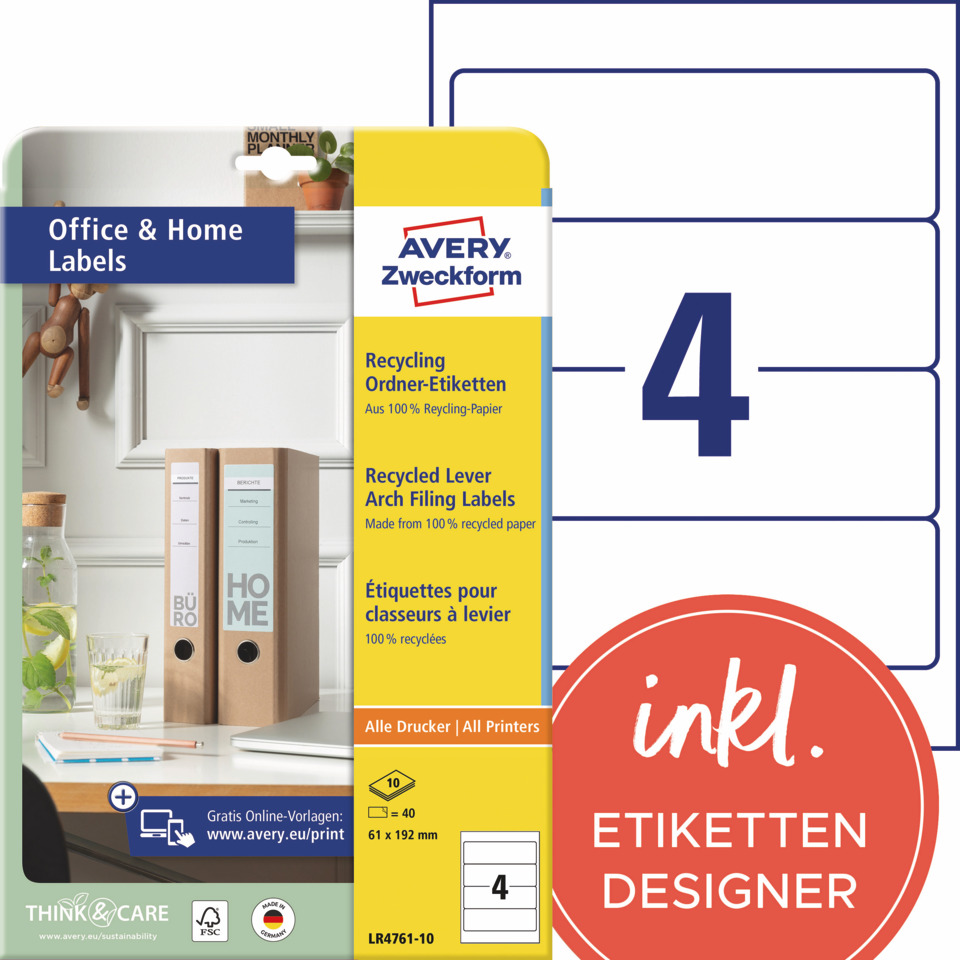 Etiketten, Ordneretiketten, Recycling-Papier, Archivordner, Zweckform