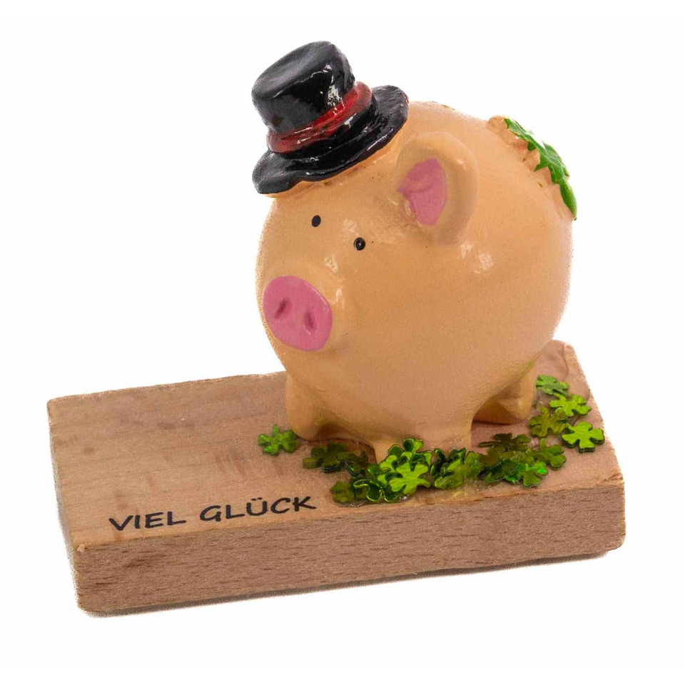 Schwein Figur, Glückssymbol, Schweinchen, Hut, Holzunterlage