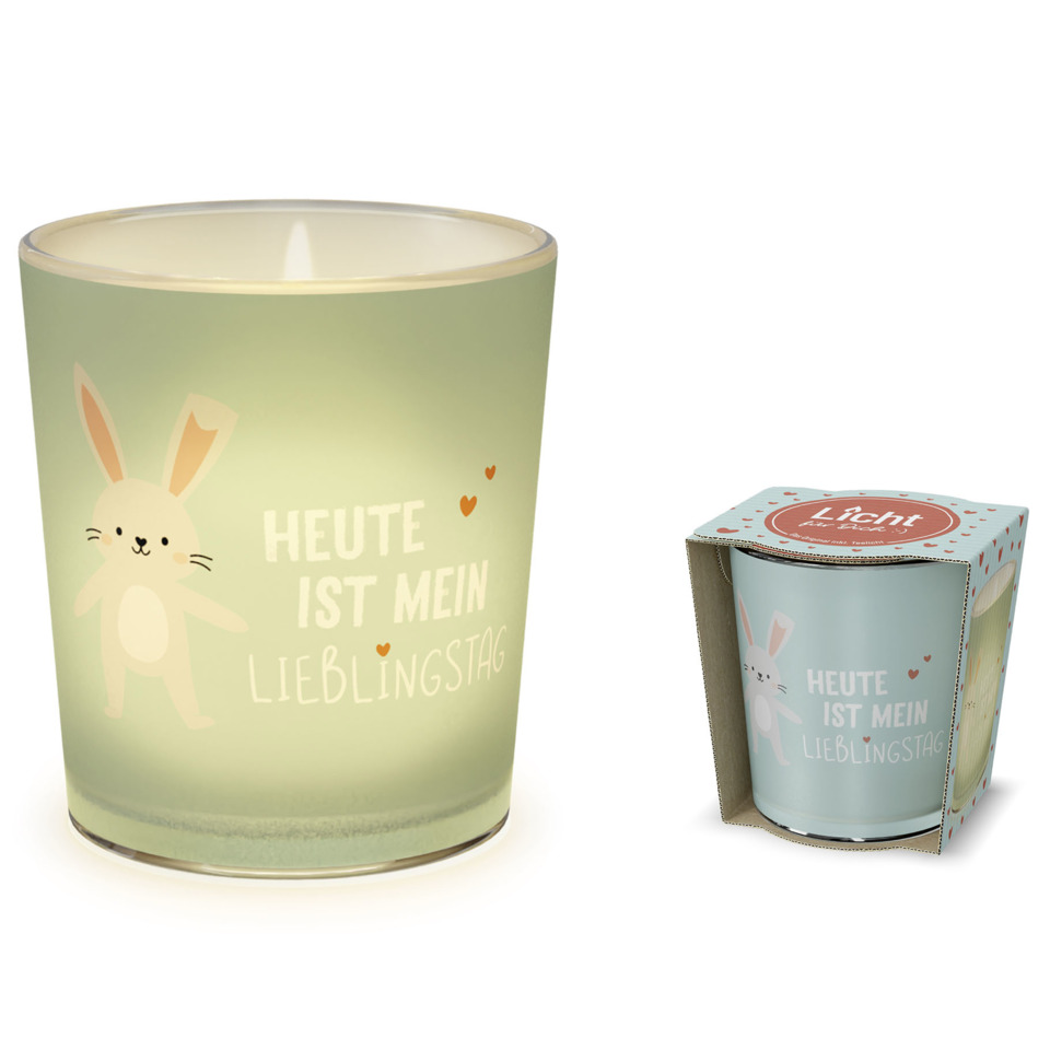 Kerze, Becher, Osterhase, Spruch, Pastell