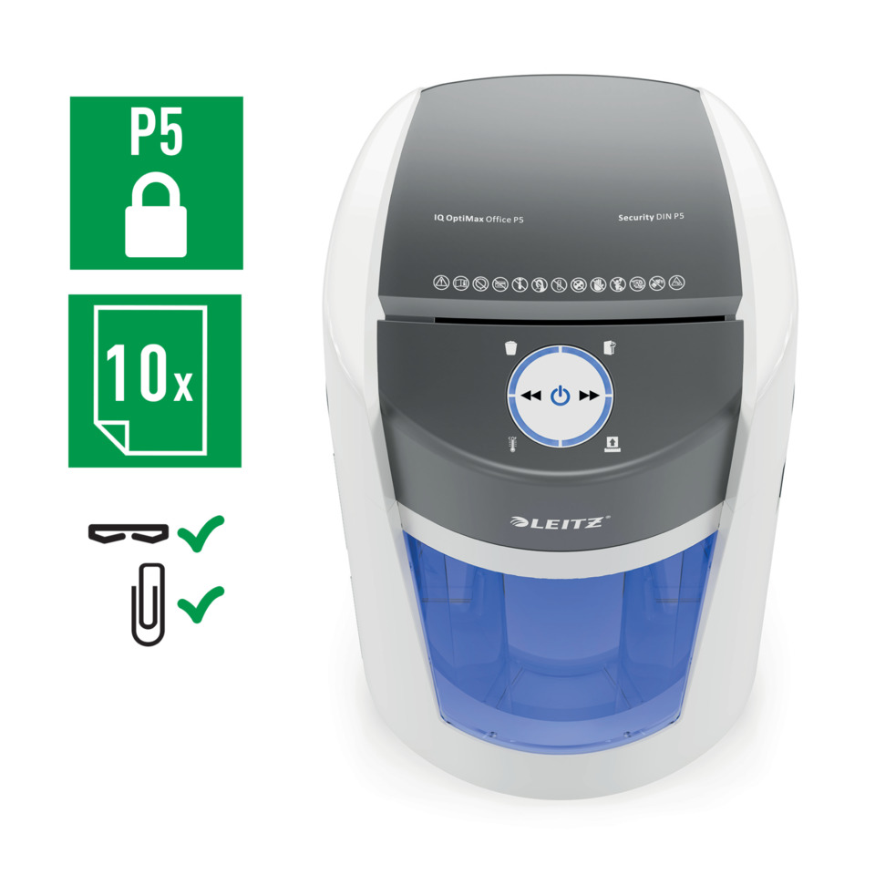 P5 shredder, Office shredder, Paper shredder, Cross-cut, Blue bin