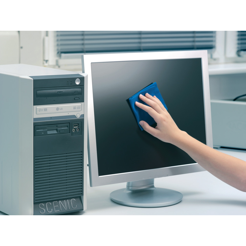 Desktop computer, Monitor, Cleaning screen, Hand, Blue cloth